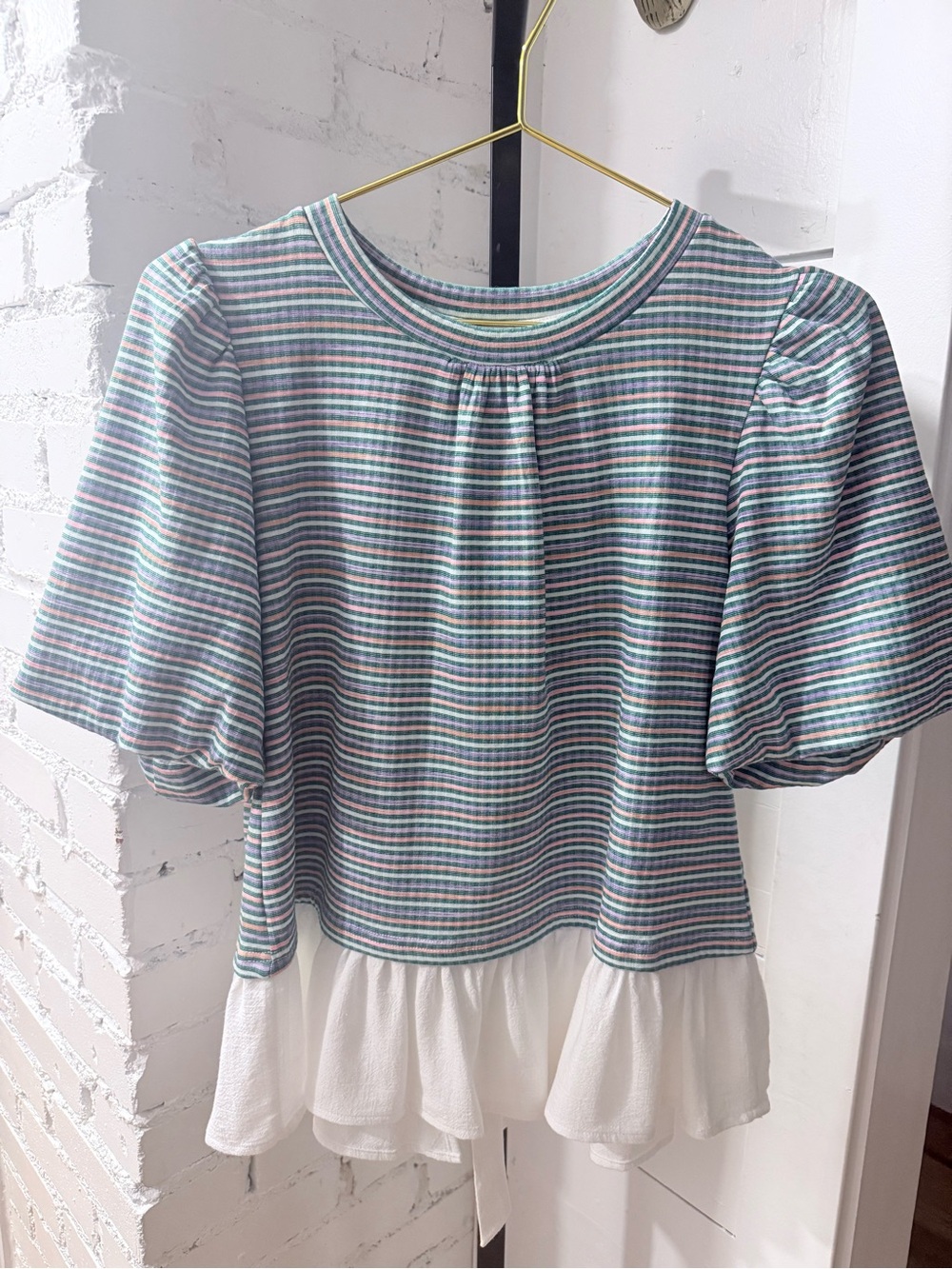 Striped Puff-Sleeve Peplum Tunic with White Ruffle